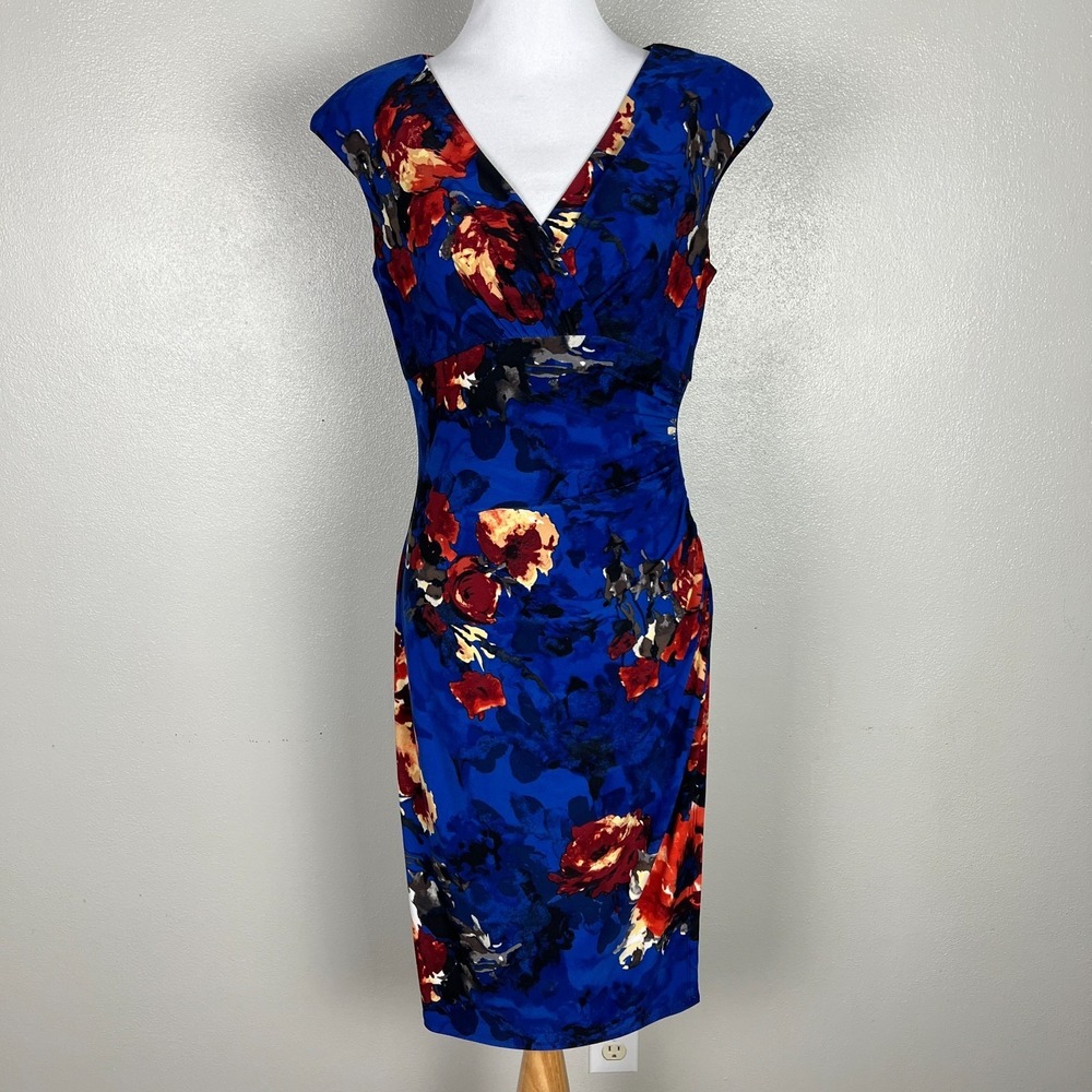 Ralph Lauren Faux Wrap Dress Women 8 Blue Floral Sheath Ruched V-Neck Sleeveless